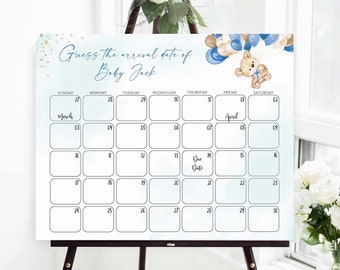 Teddybeer baby vervaldatum kalender, raad verjaardagsspel (bewerkbare sjabloon)