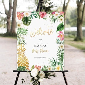 Aloha baby shower welkom teken sjabloon, Luau baby shower welkom teken afdrukbaar, tropische baby shower, strand ananas hibiscus welkom teken