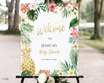 Aloha Baby Shower Welcome Sign Template, Tropical Luau Printable