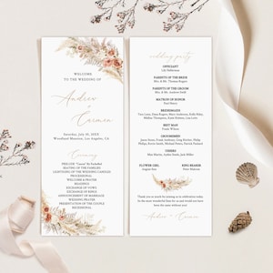 Modelo de programa de casamento minimalista, programa de casamento Boho, programa de casamento de grama dos pampas, download de programa de casamento para impressão, programa moderno
