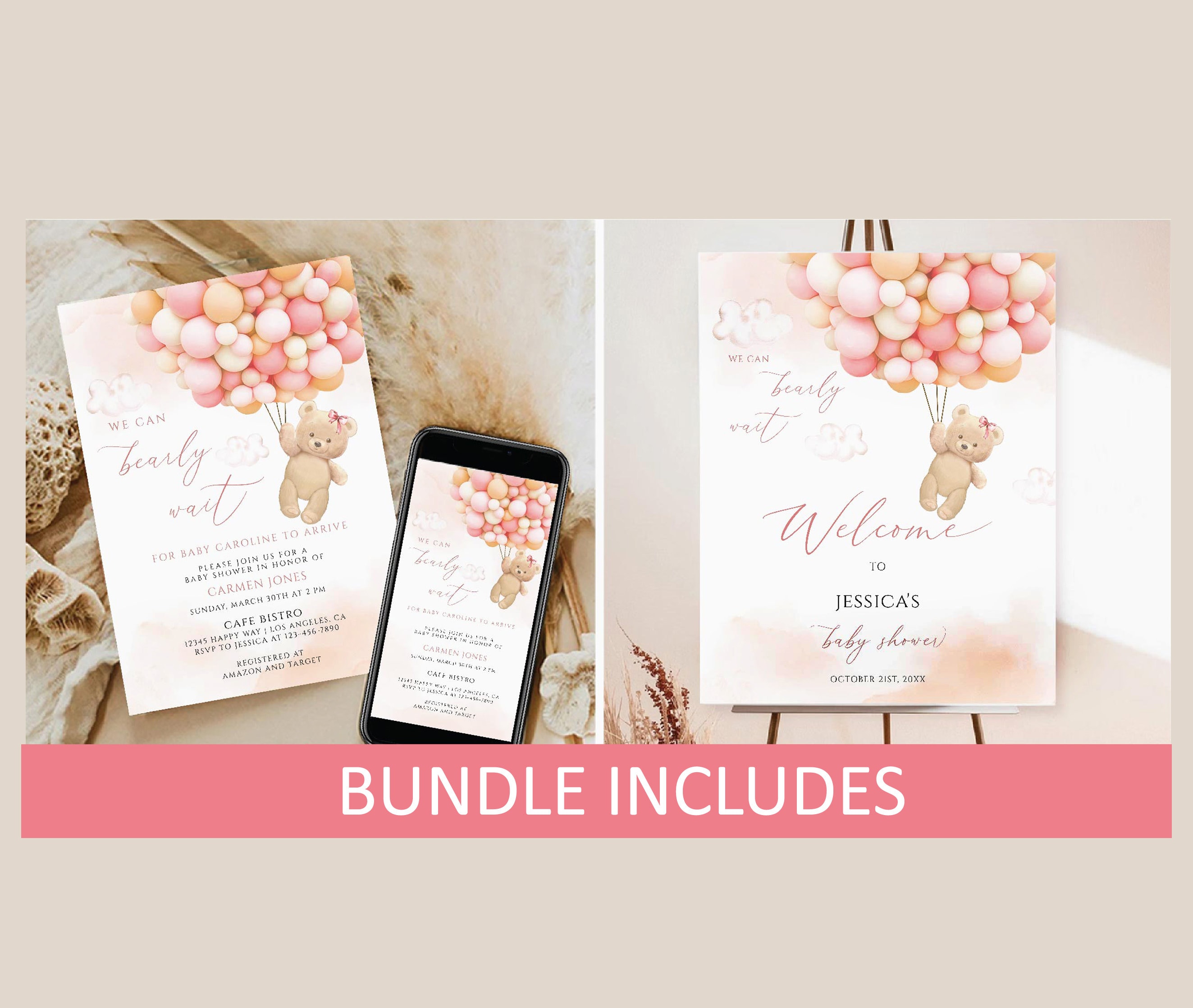Pink Teddy Bear Baby Shower Invitation Bundle (editable) - Etsy