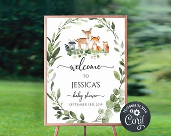 Woodland Animals Baby Shower Welcome Sign, Greenery Printable (Editable)