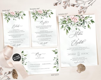 Sjabloonsuite aquarel eucalyptus bruiloft uitnodiging (direct downloaden)