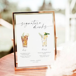 Pode incluir: Um cartaz branco com texto preto e ilustra&ccedil;&otilde;es de dois coquet&eacute;is. O cartaz diz "Signature Drinks" e lista os ingredientes de um Bourbon Old Fashioned e um Moscow Mule. O cartaz tamb&eacute;m inclui os nomes Carmen e Andrew e a data 12. 12. 20XX.