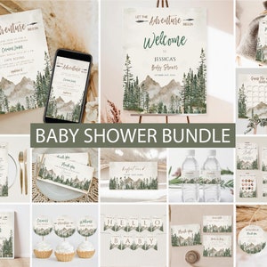 Let the Adventure Begin Baby Shower Invitation Bundle, Printable mountain baby shower bundle, Editable Woodland Forest Mountain Trees bundle