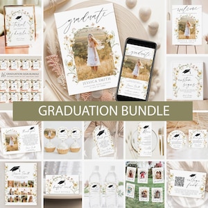 Wildflower Graduation Invitation Bundle, Editable Floral Grad Party Invite, Grad Signs,Welcome Sign, Girl Graduation Decor Template Download