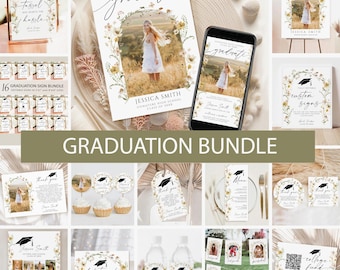 Puede incluir: Un paquete de graduación con invitaciones, letreros de bienvenida, etiquetas de agradecimiento, adornos para cupcakes y etiquetas para botellas de agua. Los diseños incorporan elementos florales y una foto de un graduado.