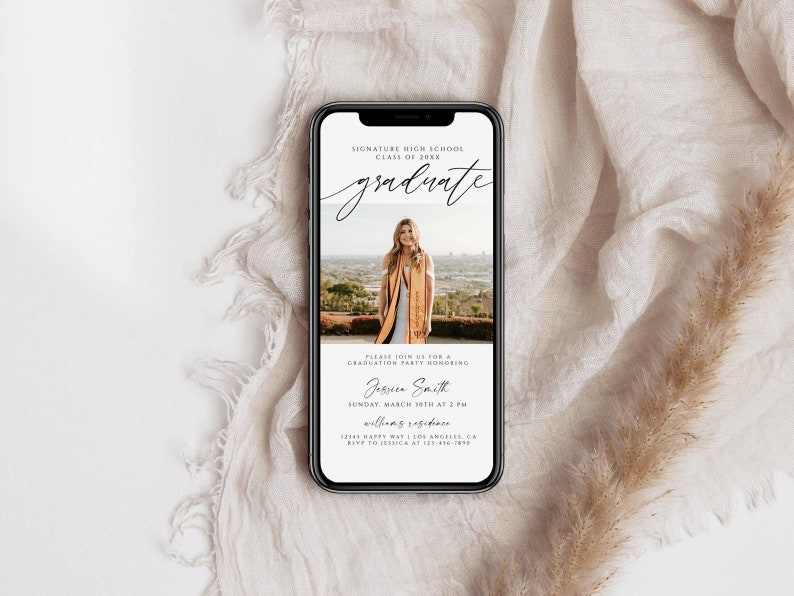 May include: A smartphone screen displaying a graduation party invitation for Jessica Smith. The invitation features a photo of the graduate, the date and time of the party, and the location. The text on the screen reads "Signature High School, Class of 20XX, graduate, Please join us for a graduation party honoring Jessica Smith, Sunday, March 30th at 3 PM, [address] residence, RSVP [phone number]"