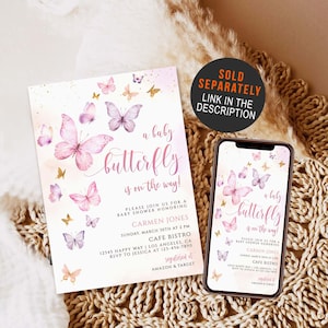 May include: A baby shower invitation with a pink and gold butterfly design. The invitation reads "a baby butterfly is on the way!" and includes details for the event, including the date, time, location, and RSVP information. The invitation also includes the text "registered at Amazon & Target".