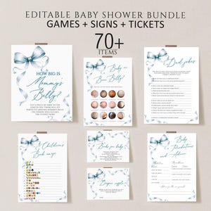 Blue Bow Baby Shower games Bundle, Editable Blue Bow baby shower Games printable, Blue Coquette Bow Baby Boy Shower games Instant download