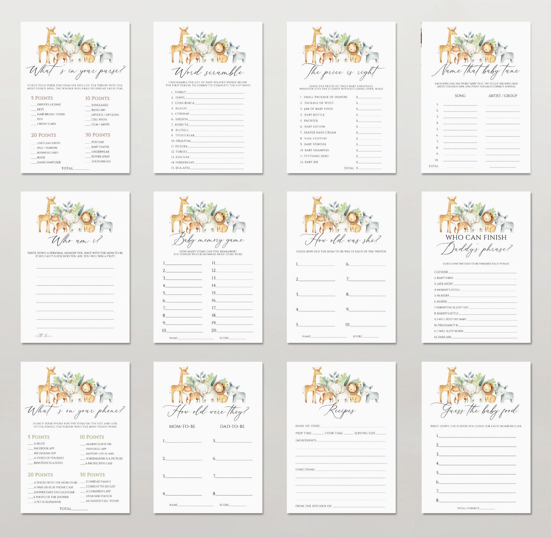 Safari Baby Shower Games Printable Editable Baby Shower Game | Etsy