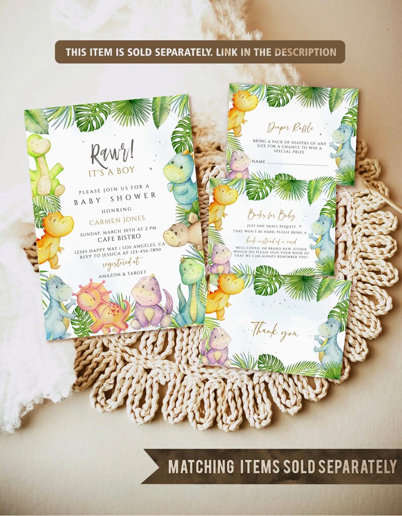 May include: A baby shower invitation with a jungle theme. The invitation features a green, yellow, and blue dinosaur with the text "Rawr! It's a boy" and "Please join us for a baby shower honoring Carmen Jones".