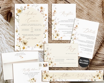 Wildflower Wedding Invitation template, Boho Wedding Invitation set, Printable Wedding invitation Suite, Editable Wedding Invite download
