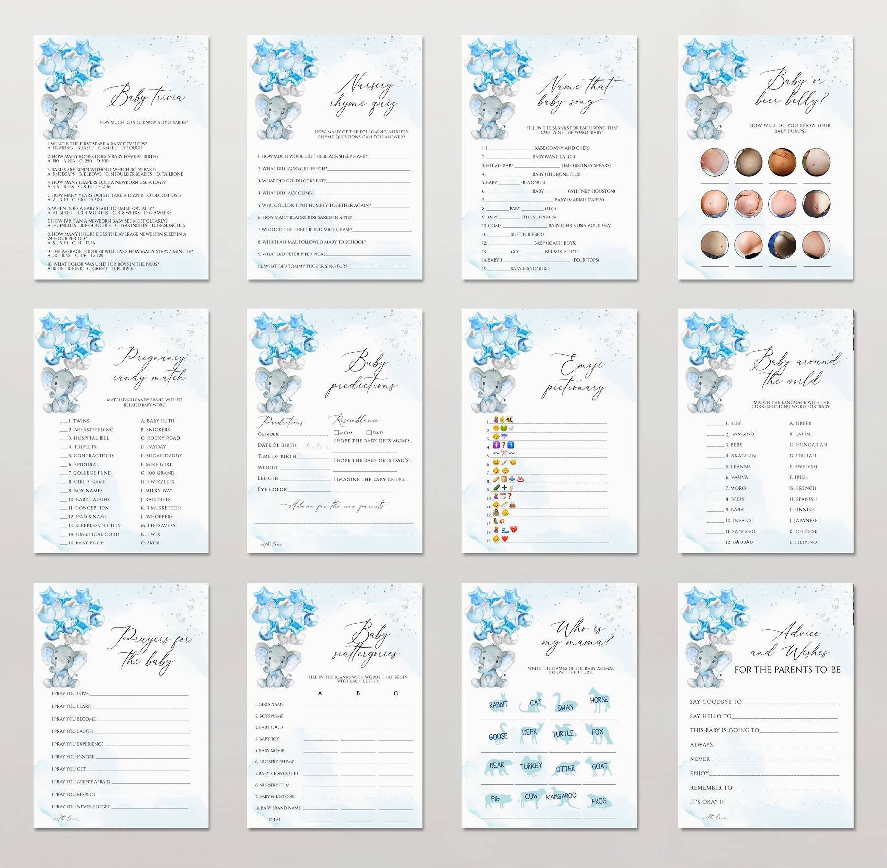Editable Baby Shower Games Bundle Blue Elephant Instant - Etsy