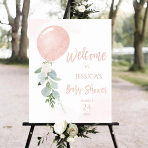 Modèle de signe de bienvenue de douche de bébé ballon rose Signe de douche de bébé fille Modèle modifiable imprimable Téléchargement instantané Signe de bienvenue de douche uj82