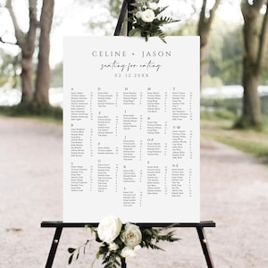 Sjabloon voor alfabetische zitplaatsindeling Download elegante minimalistische zitplaats Alfabetisch afdrukbaar zitplan Bewerkbare zitplaatsindeling voor bruiloften