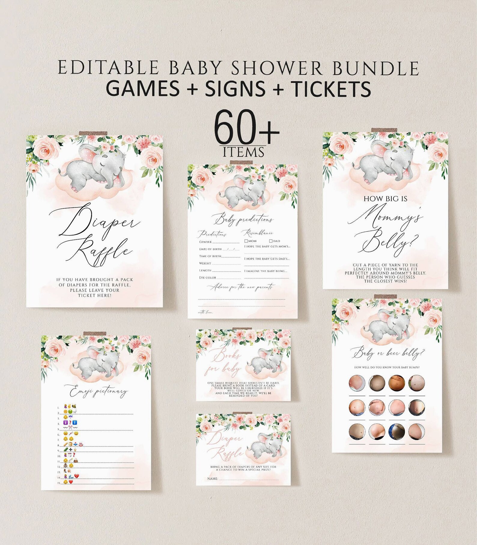 Elephant Baby Shower Games Printable Game Bundle Pink Elephant - Etsy