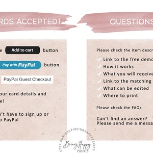 May include: A graphic with instructions on how to pay for a digital product using PayPal. The text reads "All cards accepted!" and includes a list of steps to complete the purchase. The graphic also includes a section titled "Questions?" with a list of frequently asked questions.