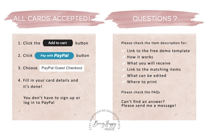 May include: A graphic with instructions on how to pay for a digital product using PayPal. The text reads "All cards accepted!" and includes a list of steps to complete the purchase. The graphic also includes a section titled "Questions?" with a list of frequently asked questions.