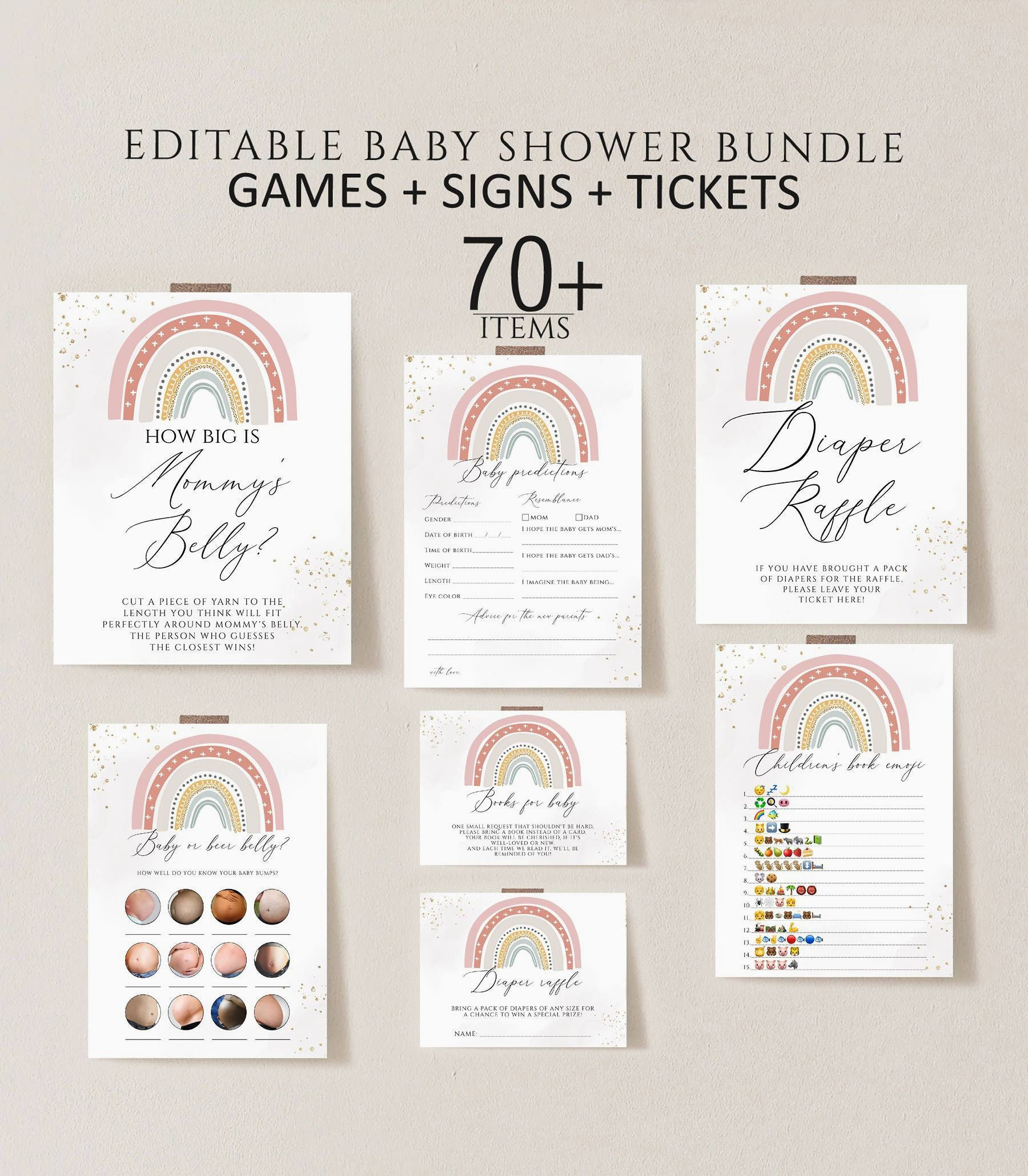 Boho Rainbow Baby Shower Games Bundle, Editable Printable Signs ...