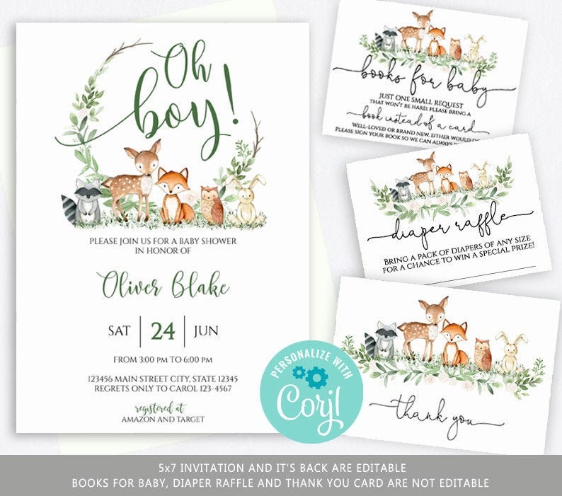 Woodland Baby Shower Invitation Set, Digital Invitation, Boy Baby Shower, Editable Invitation Set, Printable Invitations Kit byh462 