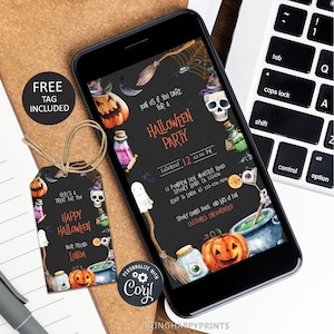 May include: A smartphone displays a Halloween party invitation with watercolor illustrations of pumpkins, skulls, and potions. A matching tag with the text "Happy Halloween" and a Corjl button are also visible. The invitation includes the date, time, and location.