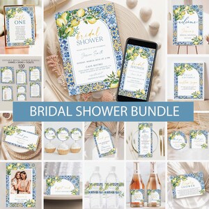 Mediterranean Lemon Bridal Shower Invitation Bundle, Editable Games,Italian Blue Tiles Bridal Shower Invite,Main Squeeze Shower Welcome Sign