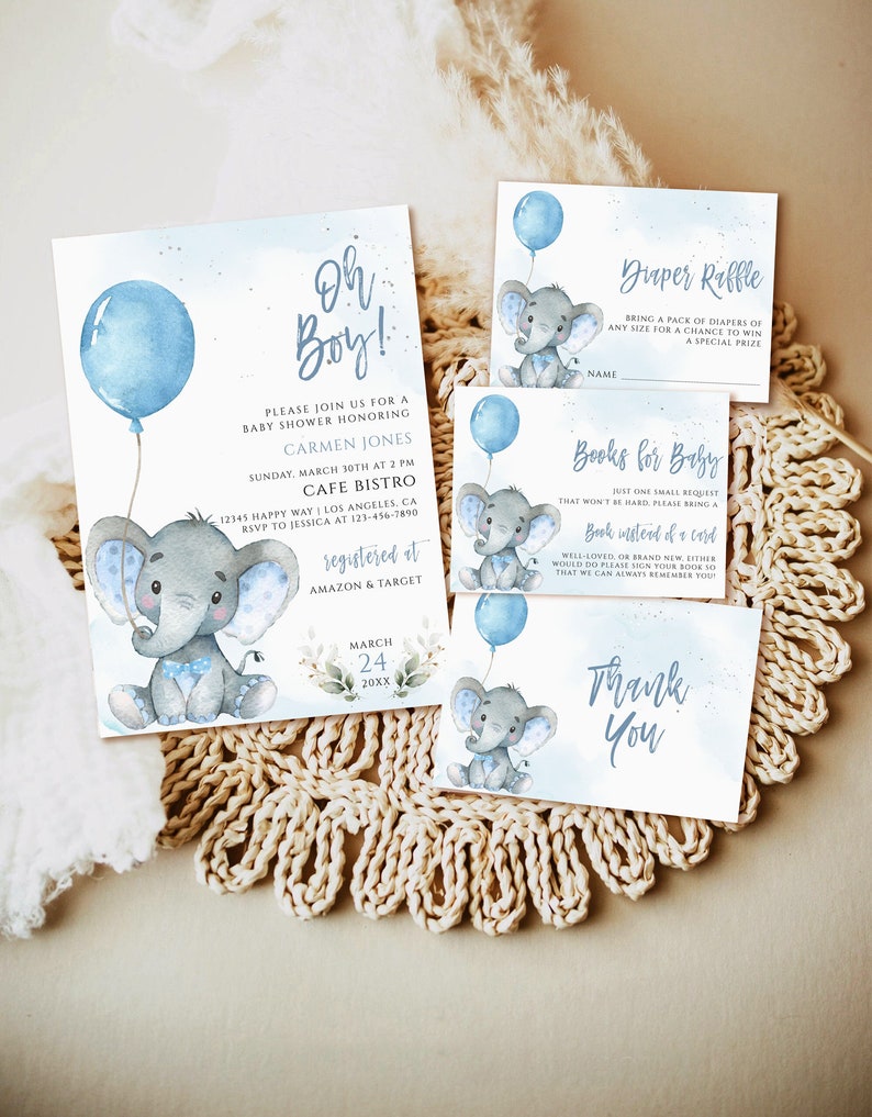 Elephant Baby Shower Invitation Boy Editable Blue Balloon Etsy