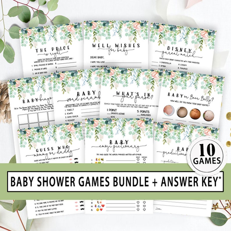 Greenery Baby Shower Games Bundle Greenery Baby Shower Games Etsy