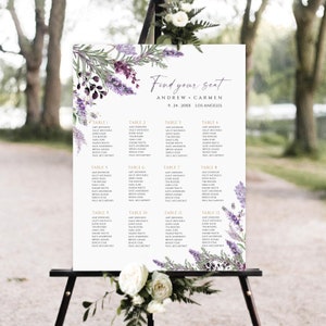 Bruiloft zitplaatsen grafiek sjabloon, lavendel bruiloft zitplaatsen plan, afdrukbare zitplaatsen plan teken, paarse bloemen bruiloft zitplaatsen grafiek, lavendel
