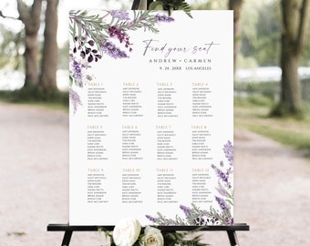 Wedding Seating Chart Template, Lavender wedding seating plan, Printable Seating Plan Sign, Purple floral wedding seating chart, Lavender