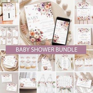 Wildflower Baby shower Invitation Bundle, baby in bloom shower invite, Spring floral Baby Shower games Download, Welcome Sign Editable