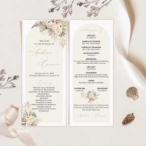 Modèle de programme de mariage minimaliste, programme de mariage Boho, programme de mariage d'herbe de pampa, téléchargement de programme de mariage imprimable, programme moderne