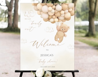 Bewerkbare teddybeer baby shower welkom teken, beer thema baby shower welkom teken, afdrukbare genderneutrale baby shower partij teken downloaden