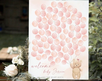 Pink Balloons Teddy Bear Baby Shower Guestbook (Digital Download)