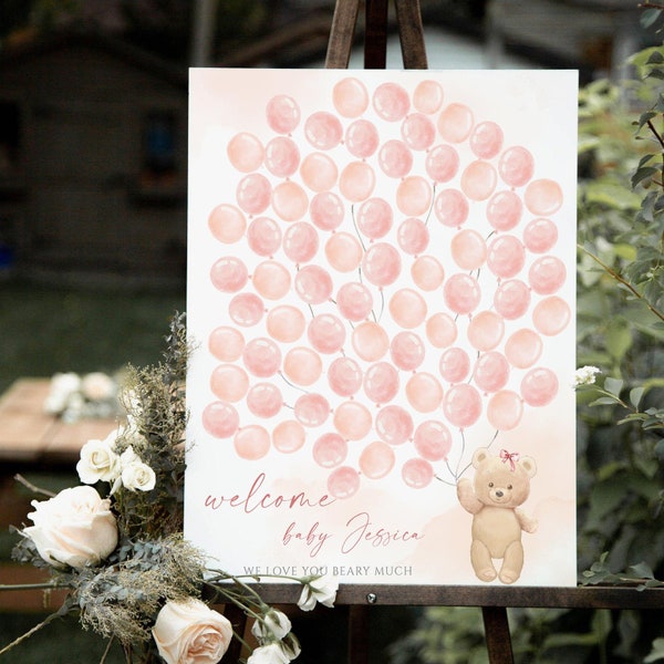 Pink Balloons Teddy Bear Guestbook, Pink teddy bear guestbook, Boho Baby Shower Signature Guest book, Cute Teddy Bear, Girl shower Download