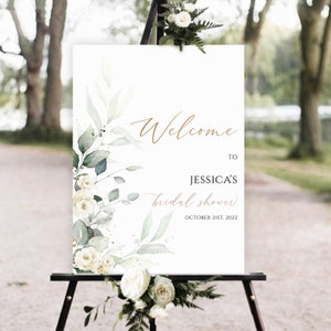 Bridal Shower Welcome Sign Template, Floral Bridal Shower Welcome Sign, Greenery bridal shower welcome sign, Green Leaves Bridal Shower Sign