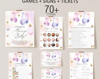 Butterfly Baby Shower Games Bundle, 70+ Printable Signs & Tickets (Editable)