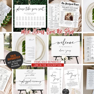 Pode incluir: Uma cole&ccedil;&atilde;o de sinais de casamento e papelaria imprim&iacute;veis em estilo minimalista. Os sinais incluem um sinal de boas-vindas, um mapa de assentos, uma linha do tempo, um menu e um programa de cerim&ocirc;nia. O texto nos sinais &eacute; em preto e branco, e o fundo &eacute; branco.