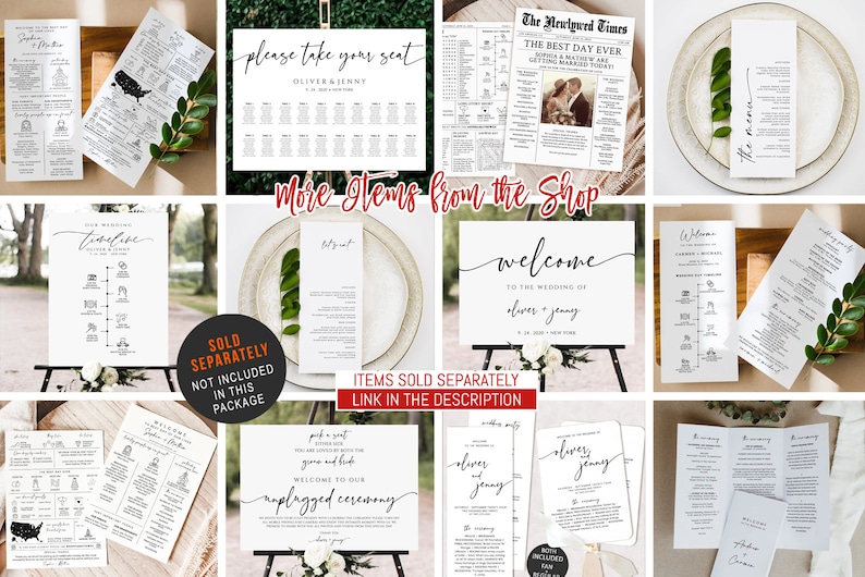 Pode incluir: Uma cole&ccedil;&atilde;o de sinais de casamento e papelaria imprim&iacute;veis em estilo minimalista. Os sinais incluem um sinal de boas-vindas, um mapa de assentos, uma linha do tempo, um menu e um programa de cerim&ocirc;nia. O texto nos sinais &eacute; em preto e branco, e o fundo &eacute; branco.