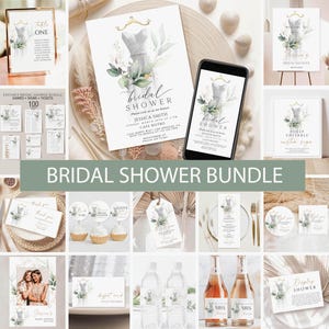 Bridal Shower Invitation Bundle, Bride Dress Bridal Brunch Invite, Editable games, welcome sign Download, Eucalyptus Greenery Botanical