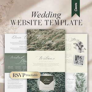 Puede incluir: Una plantilla de sitio web de bodas con una paleta de colores neutros. El diseño incluye secciones como "Dress Code", "Weekend", "Welcome" y "RSVP trackable". La plantilla presenta una tipografía elegante y acentos florales, ideal para una boda.