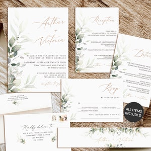 Suite de invitación de boda Greenery, plantilla de invitación de boda, invitación de boda de eucalipto, conjunto de invitación de boda imprimible, boda Boho