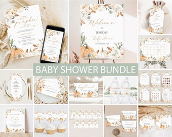 May include: A baby shower bundle featuring various stationery items with a fall theme. The designs include pumpkins, floral arrangements, and the text "Welcome to Jessica's baby shower." The color palette includes orange, white, and gold.