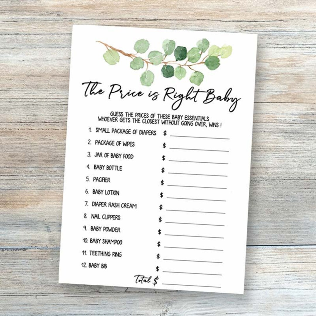 Baby Shower Games Printable the Price is Right Greenery Baby Shower ...