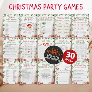 May include: A collection of 30 Christmas party games, including word scrambles, trivia, and mazes. The games feature festive designs with red and green accents, and the text "Christmas Party Games" is displayed at the top.