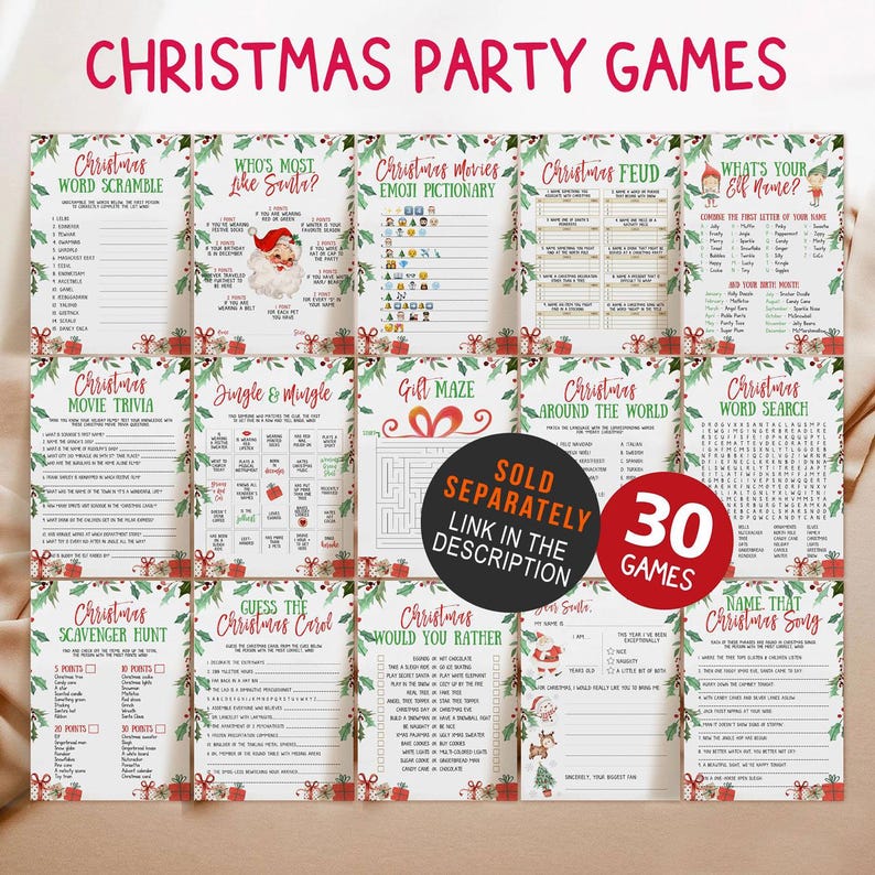 May include: A collection of 30 Christmas party games, including word scrambles, trivia, and mazes. The games feature festive designs with red and green accents, and the text "Christmas Party Games" is displayed at the top.