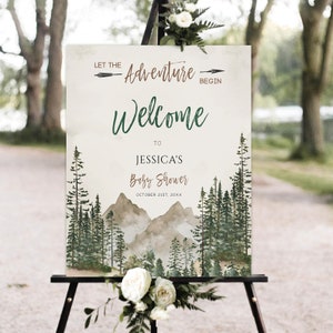 Lascia che l'avventura abbia inizio Cartello di benvenuto per baby shower, cartello di benvenuto per baby shower nel bosco, foresta di pini, montagna, cartello di benvenuto per baby shower in montagna