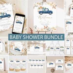 Little Pumpkin Fall Baby Shower Bundle, Fall Baby Shower Invitation Bundle, Blue pumpkin truck, Editable Fall pumpkin shower games printable