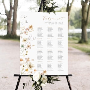 Bruiloft zitplaatsen plan sjabloon, Wildflower zitplaatsen grafiek afdrukbaar, bloemen bruiloft zitplaatsen plan, Boho bruiloft zitplaatsen grafiek downloaden, Boho